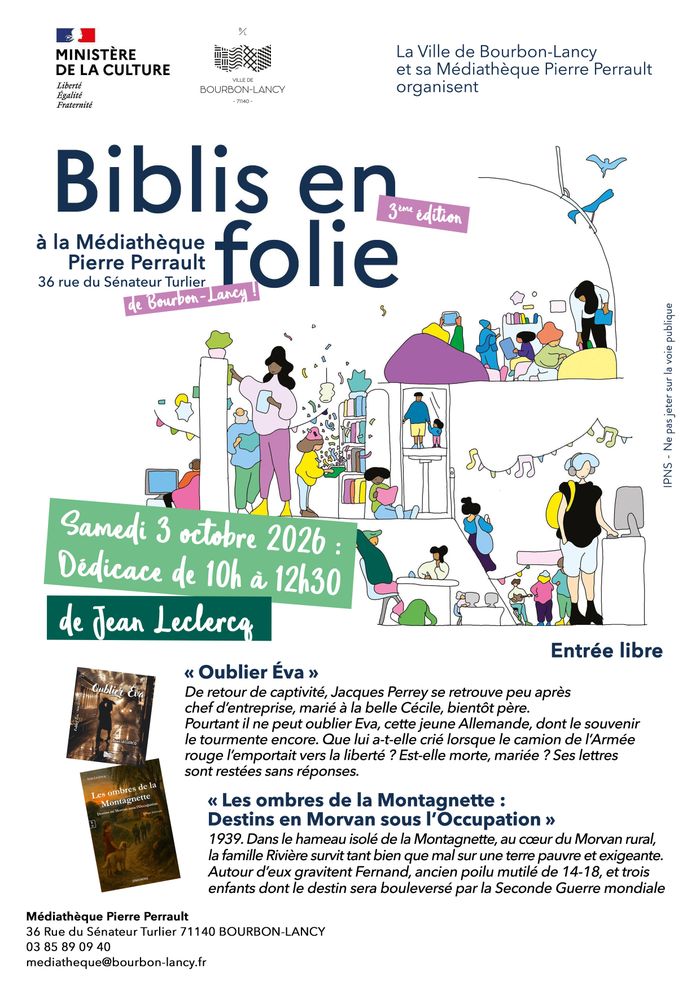 Dédicace de livres et rencontre avec Jean Leclercq, Médiathèque Pierre Perrault, Bourbon-Lancy