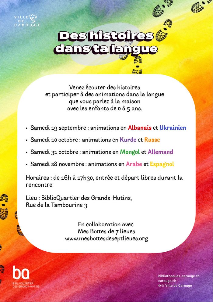 Des histoires dans ta langue : animations en arabe et espagnol, BiblioQuartier des Grands-Hutins, Genève