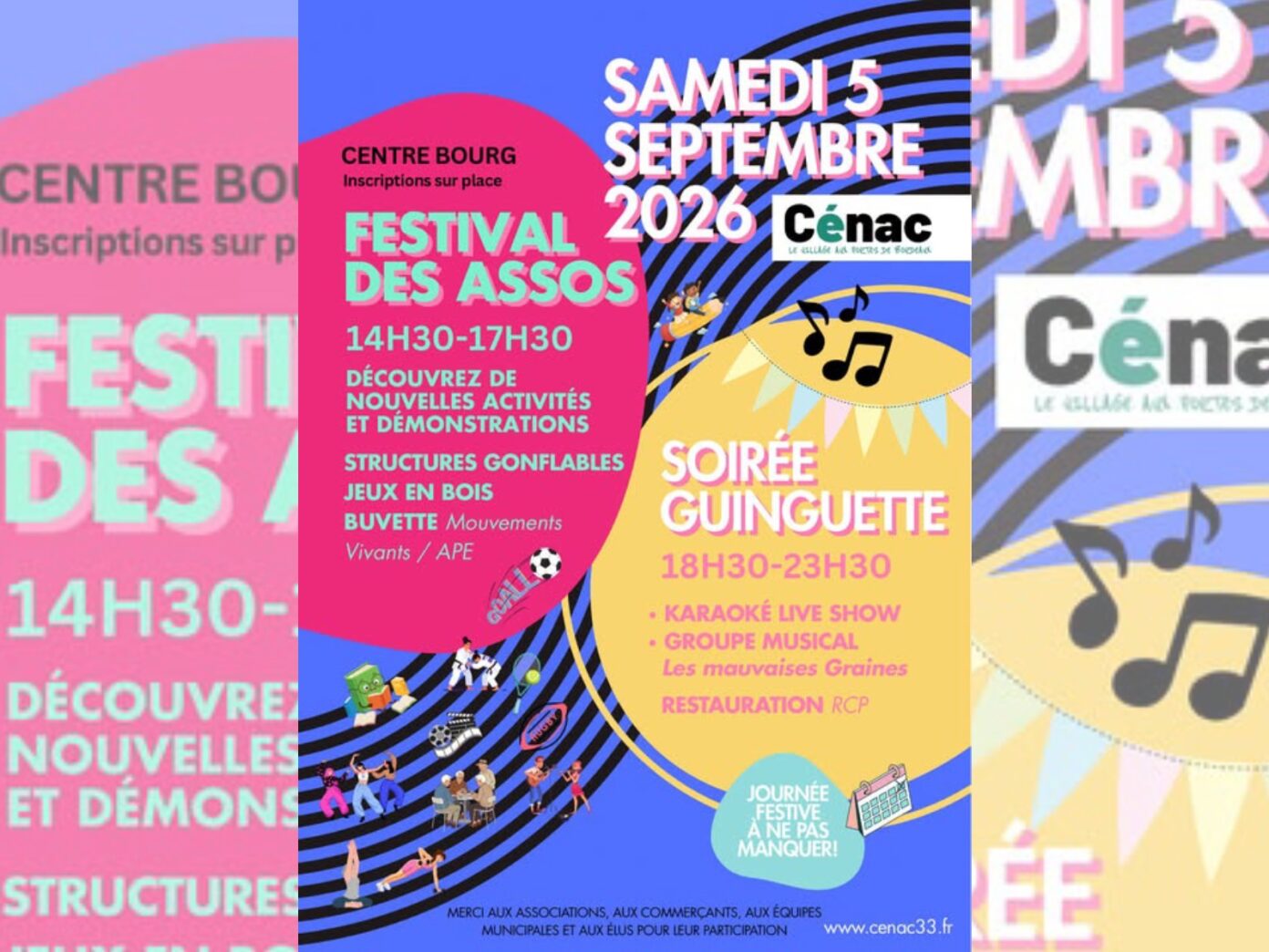 Forum des associations et soirée guinguette Bourg du village et salle des fêtes Cénac