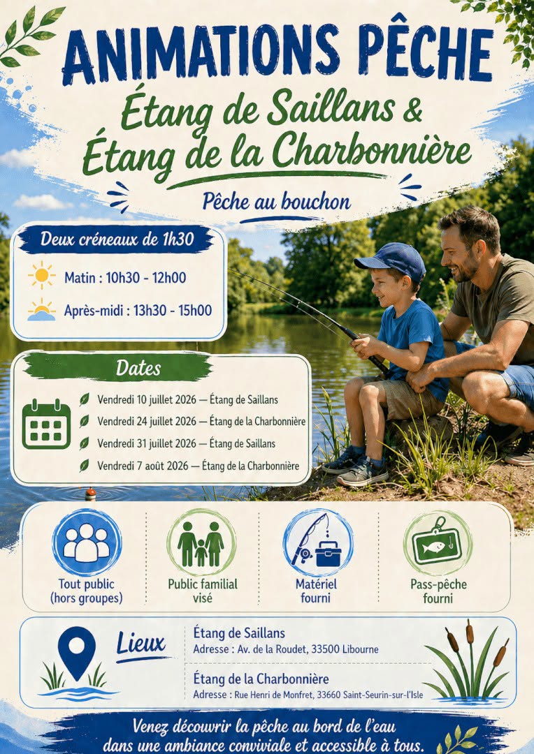 Initiations à la pêche au bouchon Étang de la Charbonnière Saint-Seurin-sur-l&rsquo;Isle