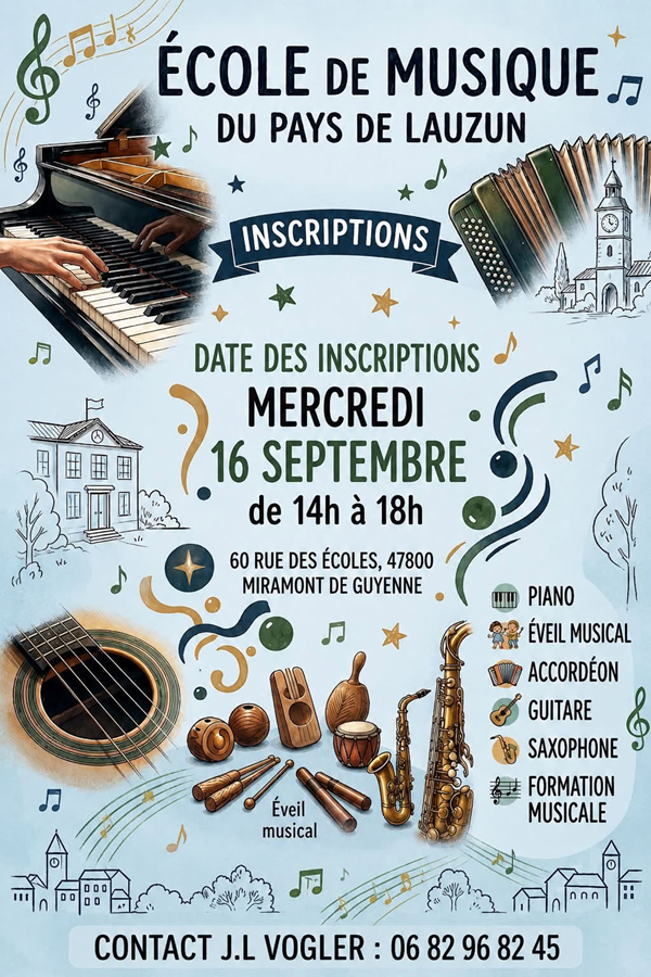 Inscriptions à l&rsquo;École de musique du Pays de Lauzun  Miramont-de-Guyenne