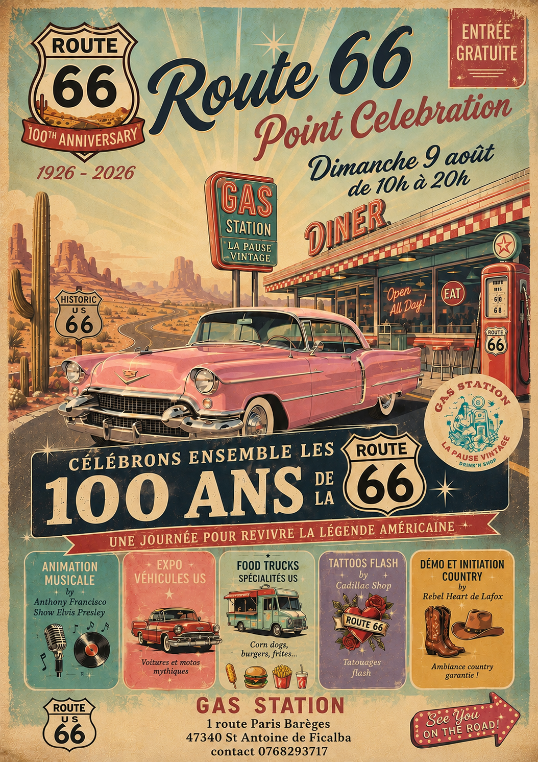 Journée célébration des 100 ans de la Route 66 2026 Gas Station Saint-Antoine-de-Ficalba