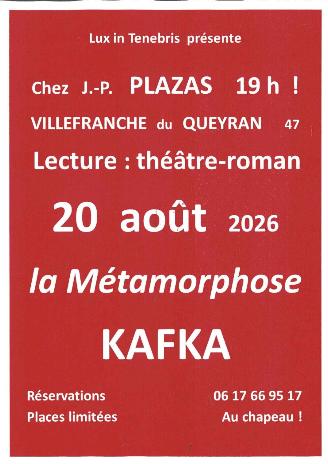 Lecture théâtre-roman La Métamorphose Villefranche-du-Queyran