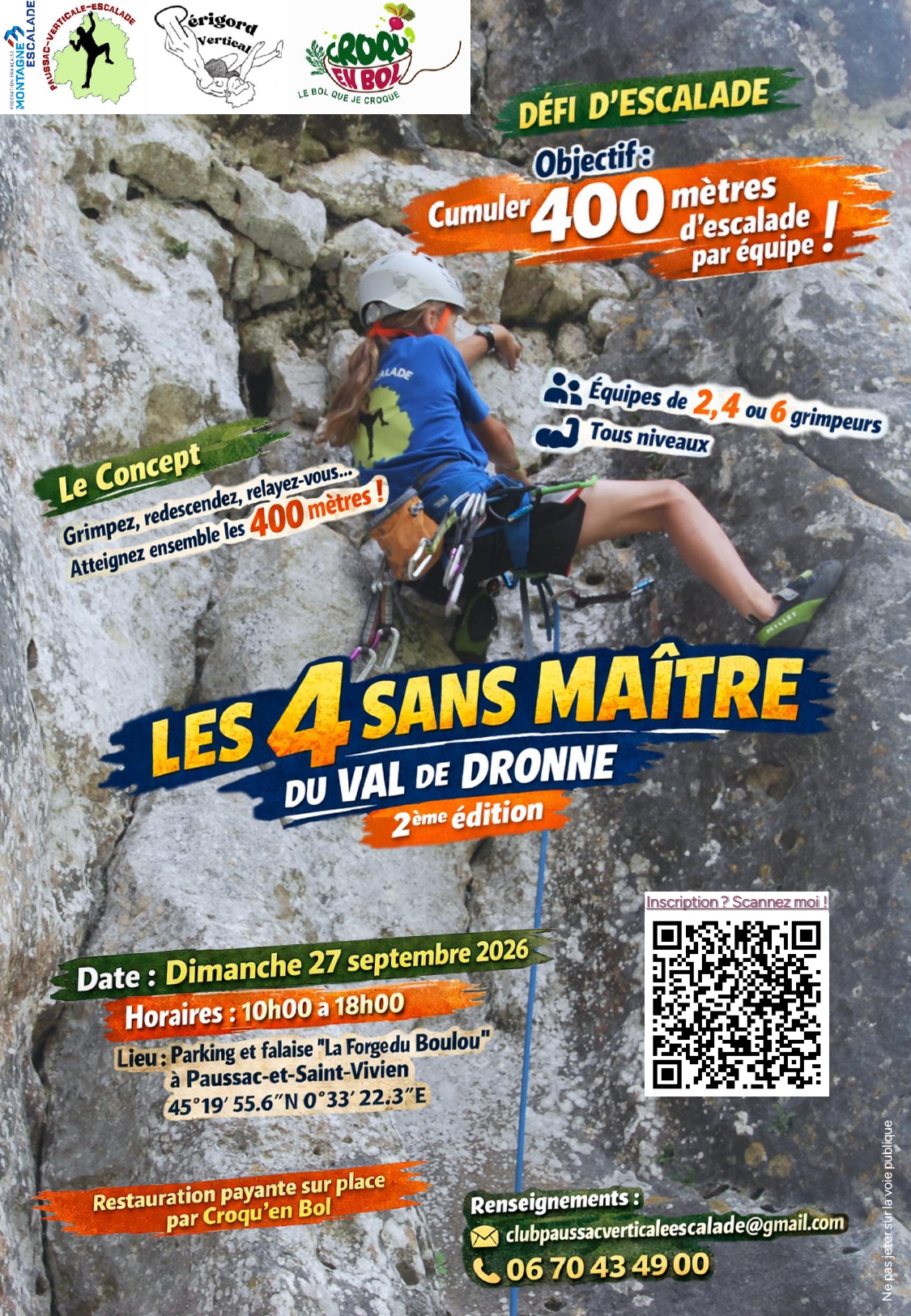 Les 4 sans Maître du Val de Dronne 2ᵉ ÉDITION Défi Escalade Falaise la Forge du boulou Paussac-et-Saint-Vivien 2026-09-27