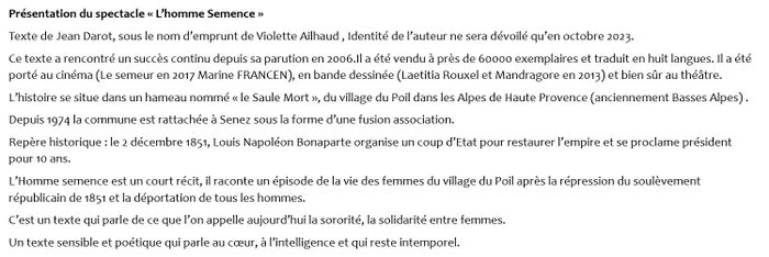 L’homme Semence, Salle des Fêtes d’Entrages, Entrages