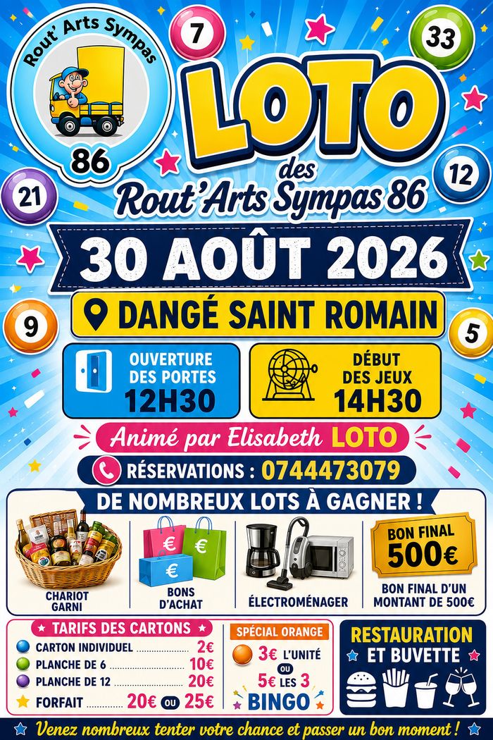 LOTO LE 30/08 ROUT’ARTS SYMPAS 86 SALLE DES FÊTES Dangé-Saint-Romain