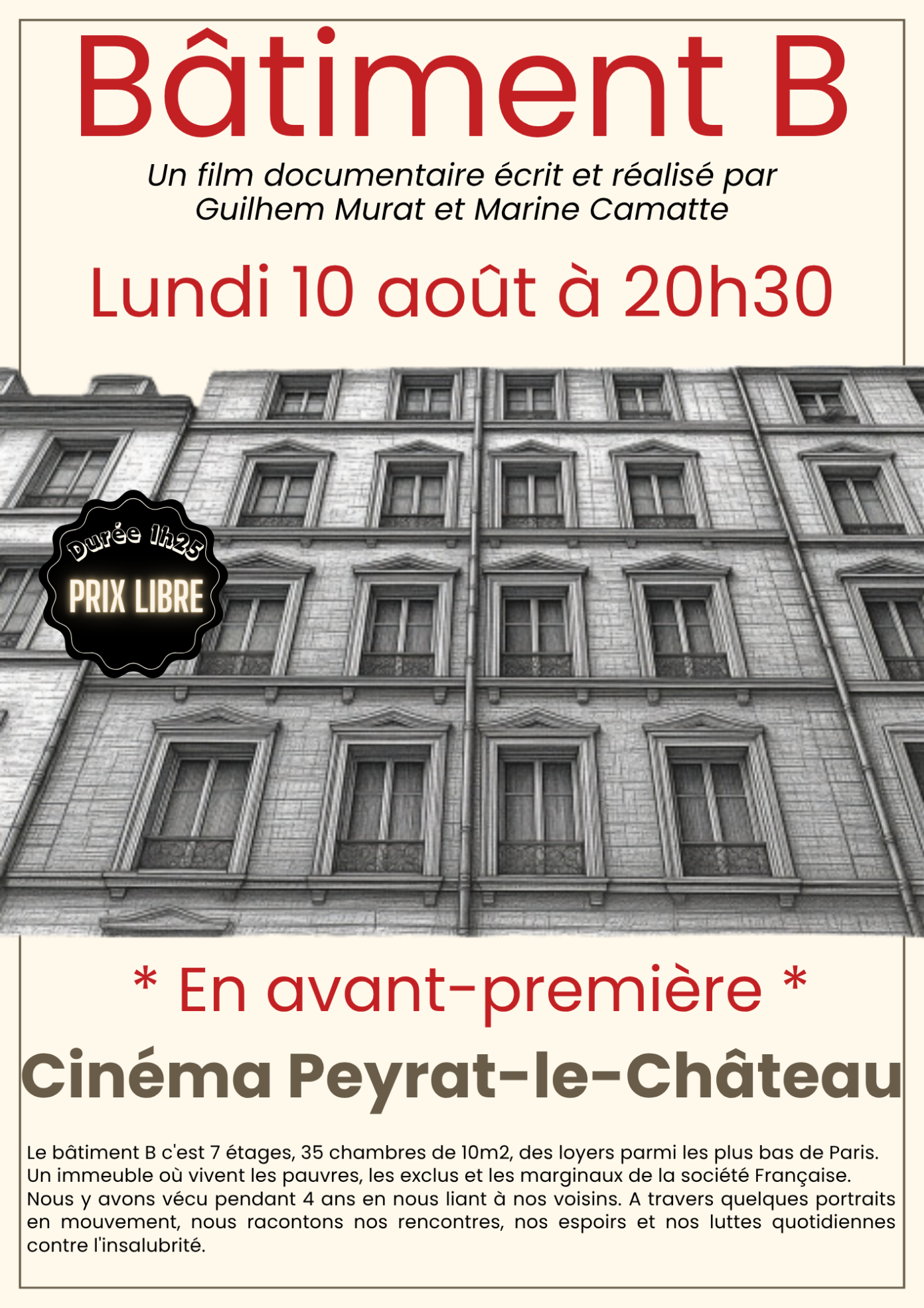 Projection avant-première Bâtiment B Cinéma Peyrat-le-Château