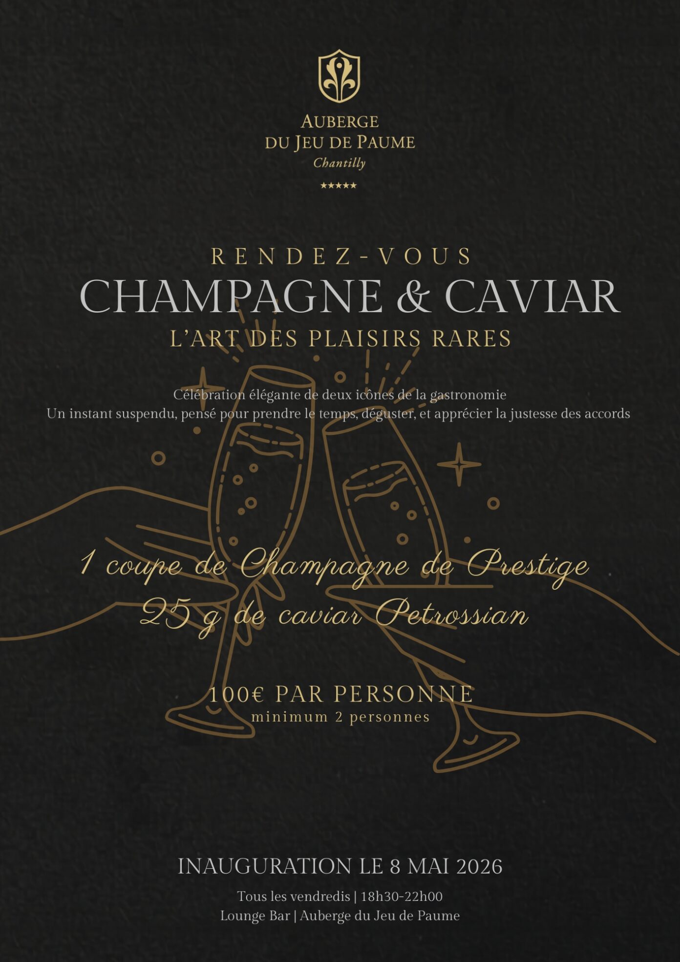 Rendez-vous Champagne & Caviar L’Art des Plaisirs Rares à l’Auberge du Jeu de Paume à Chantilly Chantilly