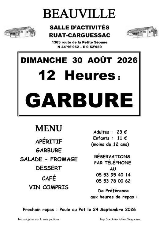 Repas Garbure Salle d’activités Ruat-Carguessac Beauville