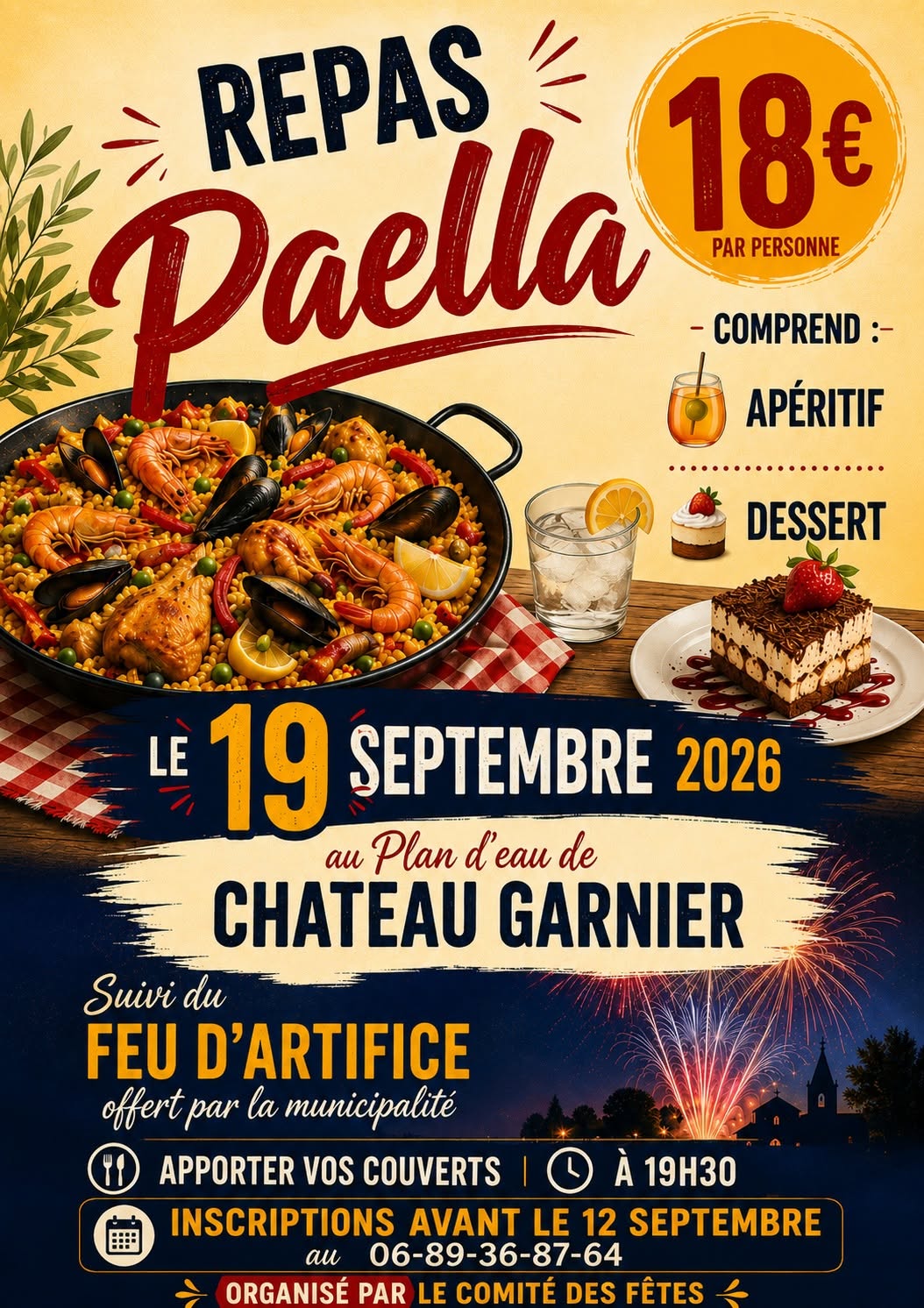 Repas Paëla et feu d'artifice Plan d'eau Château-Garnier 2026-09-19