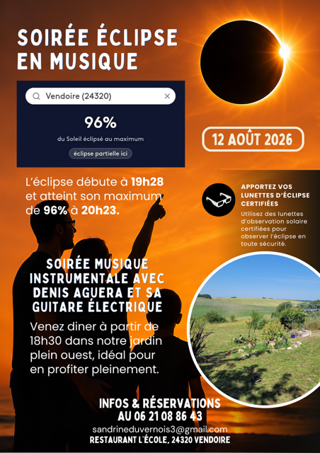 Soirée champêtre éclipse et étoiles en musique Restaurant l’École Vendoire