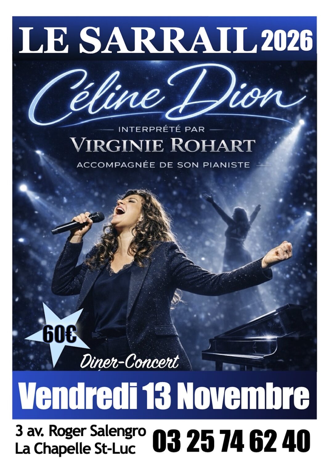 Soirée dîner-concert Céline DION avec Virginie ROHART La Chapelle-Saint-Luc