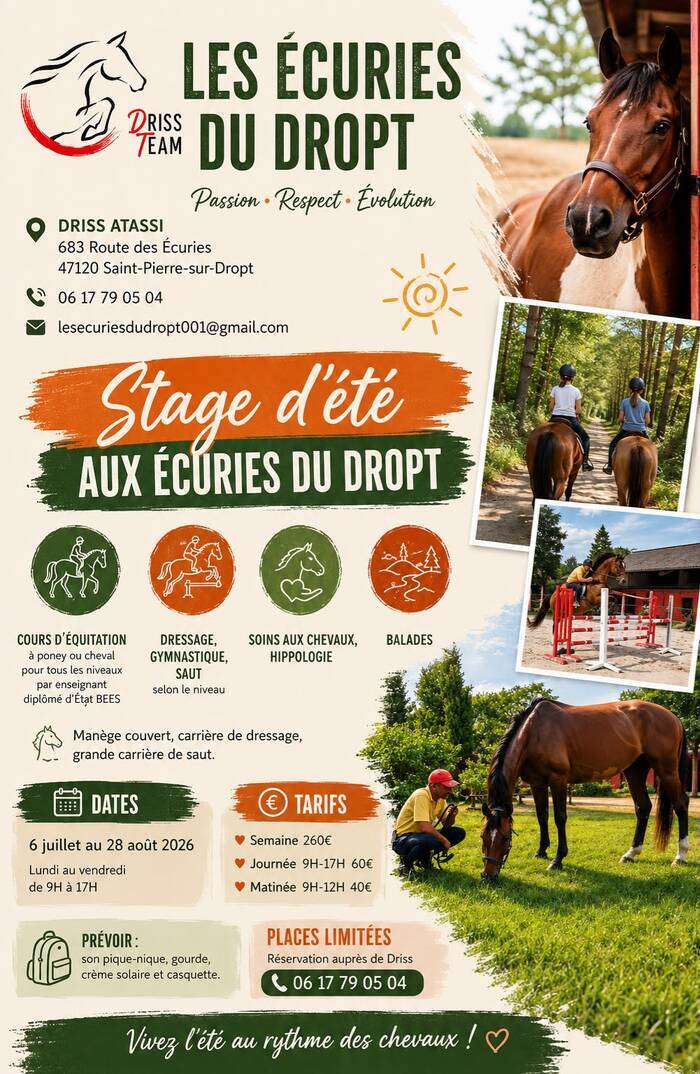 Stage d’été à cheval ou poney, Lot-et-Garonne Les Écuries du Dropt Saint-Pierre-sur-Dropt