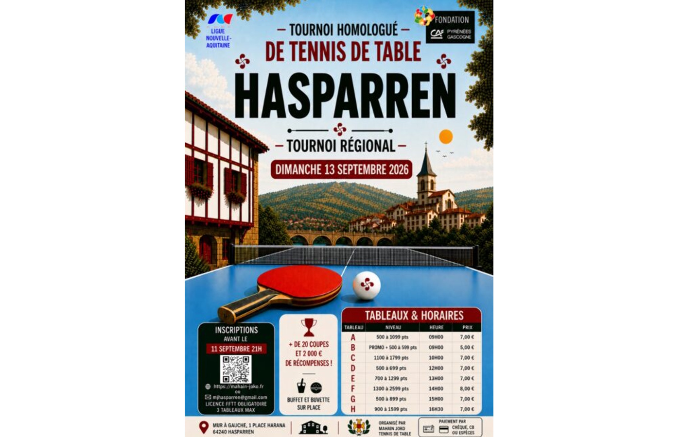 Tennis de table tournois régional 2 Place Elizalde Hasparren 2026-09-13