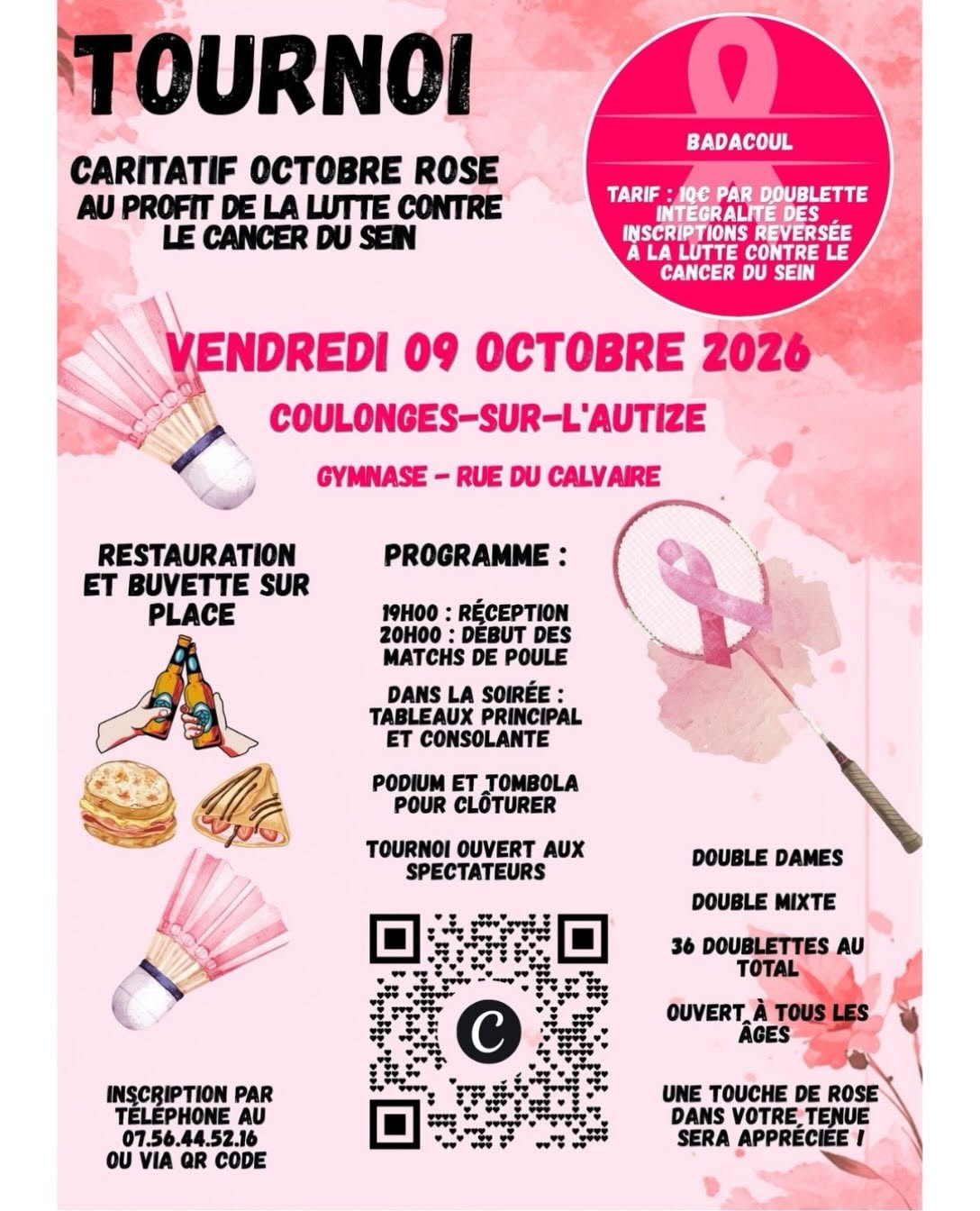 Tournoi de badminton caritatif en faveur d'Octobre Rose Rue du Calvaire Coulonges-sur-l'Autize 2026-10-09