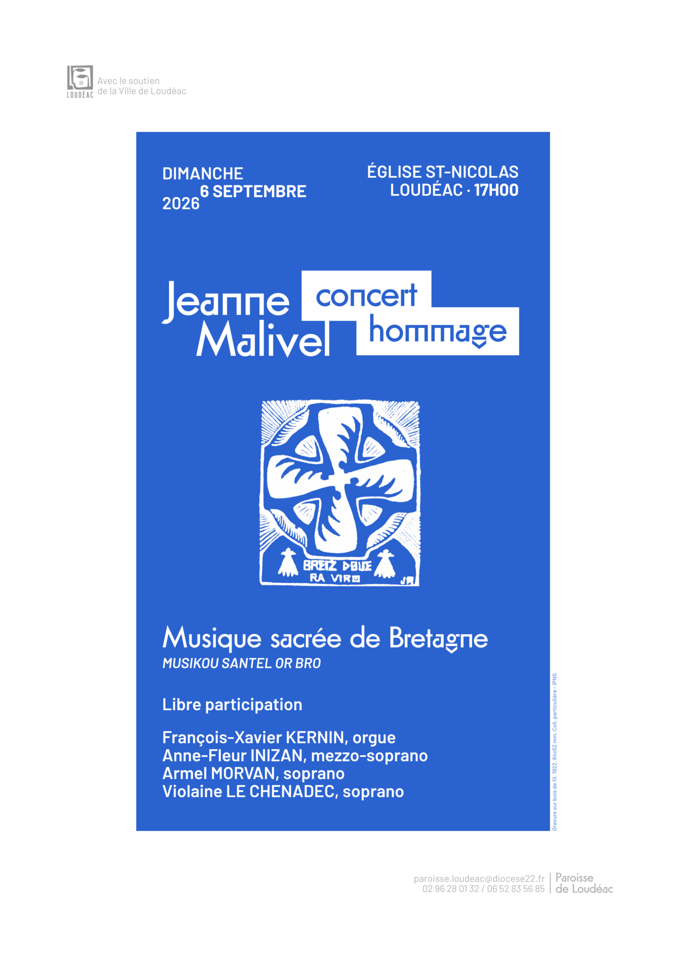 Concert-hommage à Jeanne Malivel – Musique sacrée de Bretagne église Saint-Nicolas Loudéac