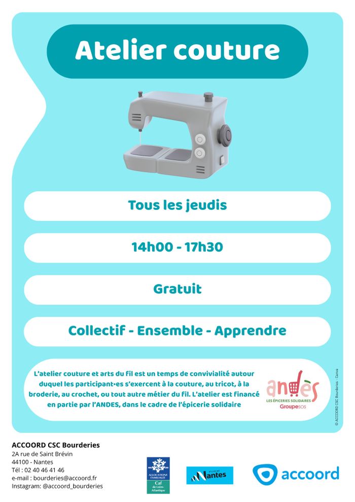 Atelier couture et arts du fil Centre socioculturel des Bourderies Nantes