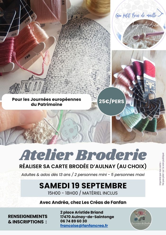Atelier d’initiation : brodez le patrimoine ! De la photographie à l’ouvrage d’art, du regard au geste., Les Créas de Fanfan, Aulnay