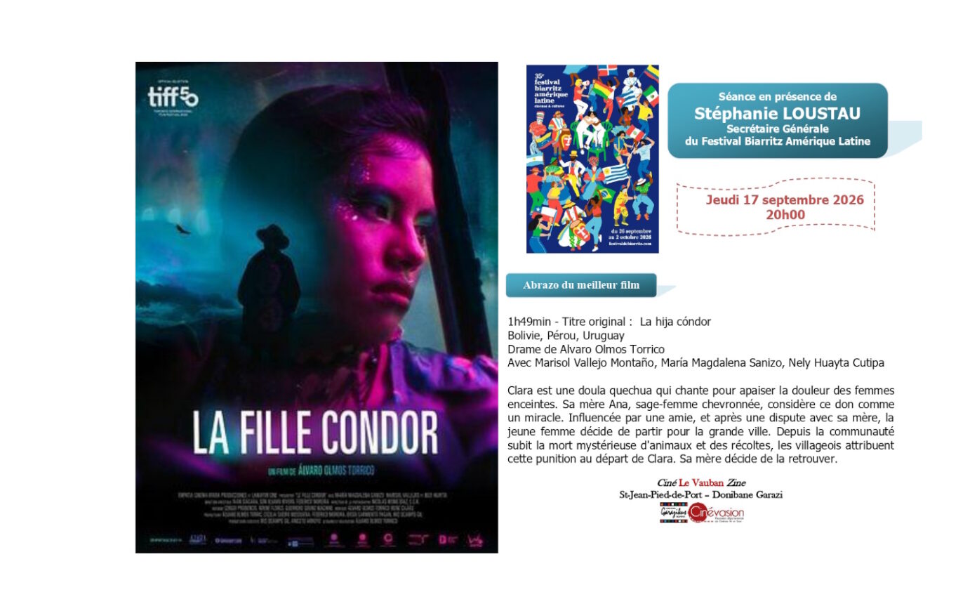 Ciné rencontre La fille condor avec la secrétaire générale du Festival Biarritz Amérique Latine Cinéma Le Vauban Saint-Jean-Pied-de-Port