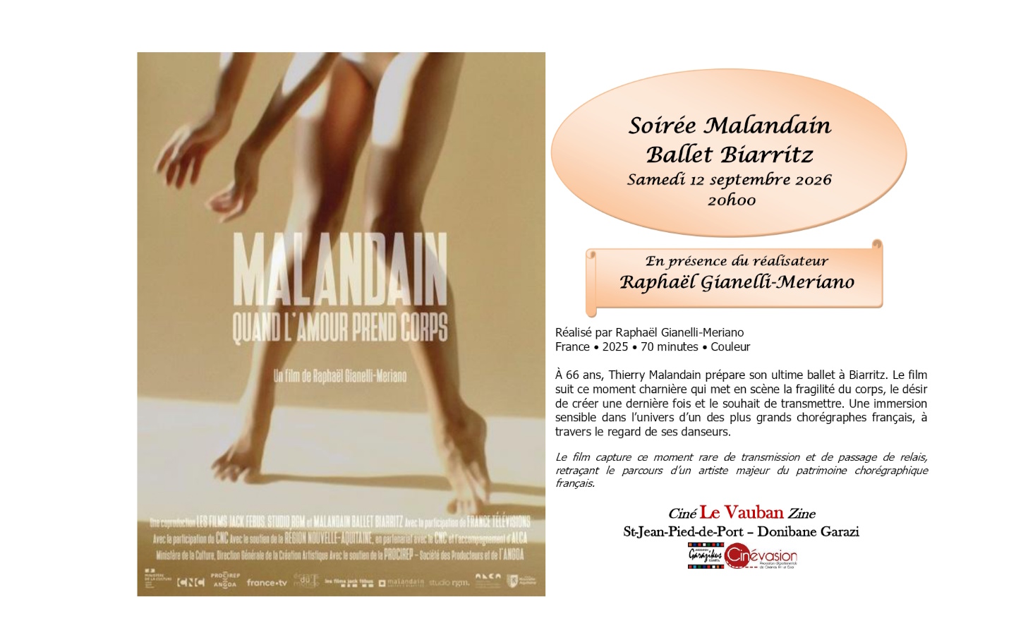 Ciné rencontre Malandain avec le réalisateur 4 avenue Renaud Saint-Jean-Pied-de-Port 2026-09-12