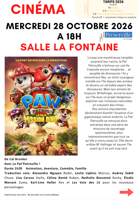 CINEMA PAT’PATROUILLE MISSION DINO SALLE LA FONTAINE Préserville