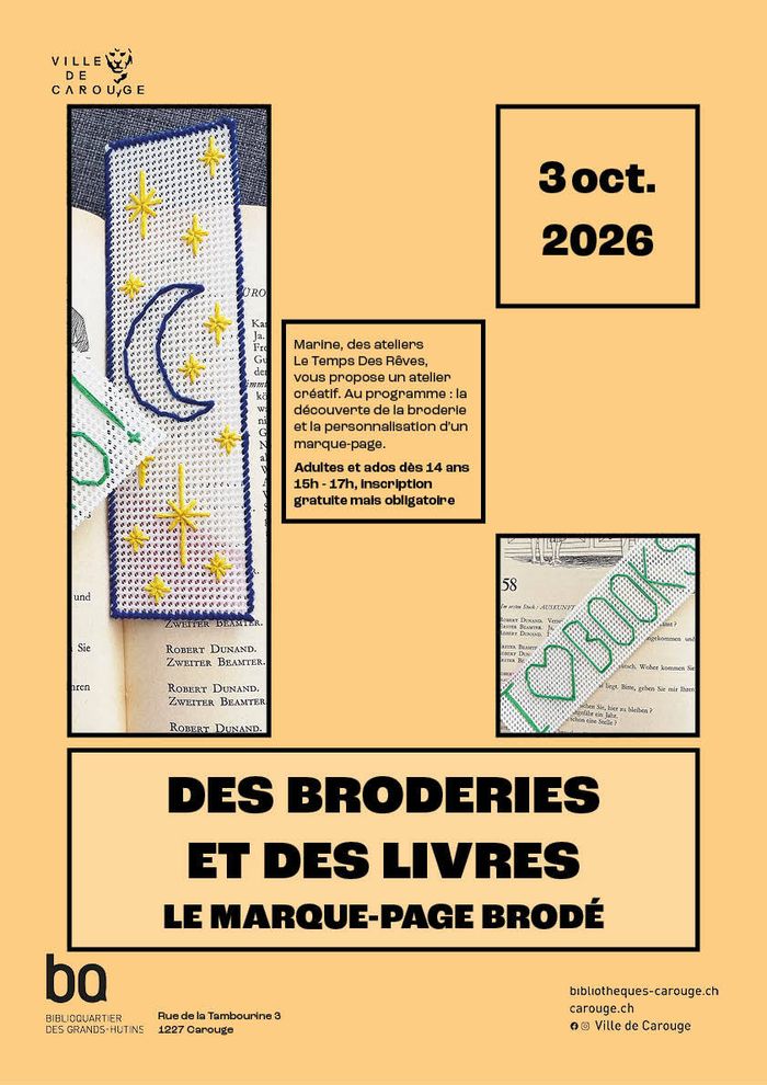 Des broderies et des livres : le marque-page brodé, BiblioQuartier des Grands-Hutins, Genève