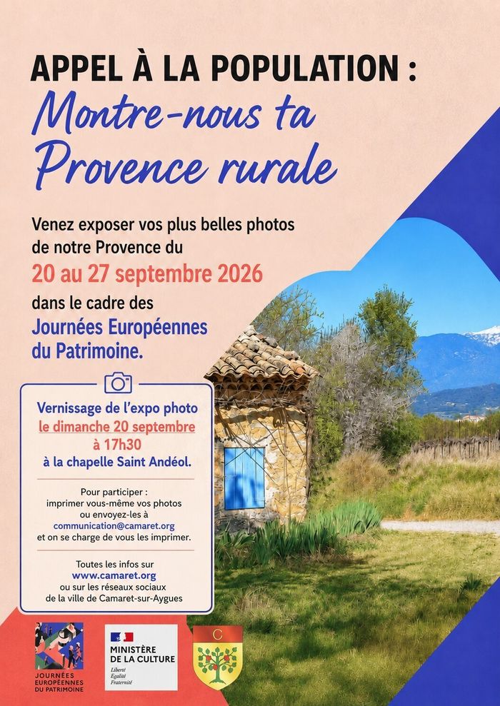 Exposition « Provence rurale : la vie des cabanons » : tableaux de Jean-Louis Sauzade, photographies de Laure Néron et fresque collective de photos, Chapelle Saint Andéol, Camaret-sur-Aigues