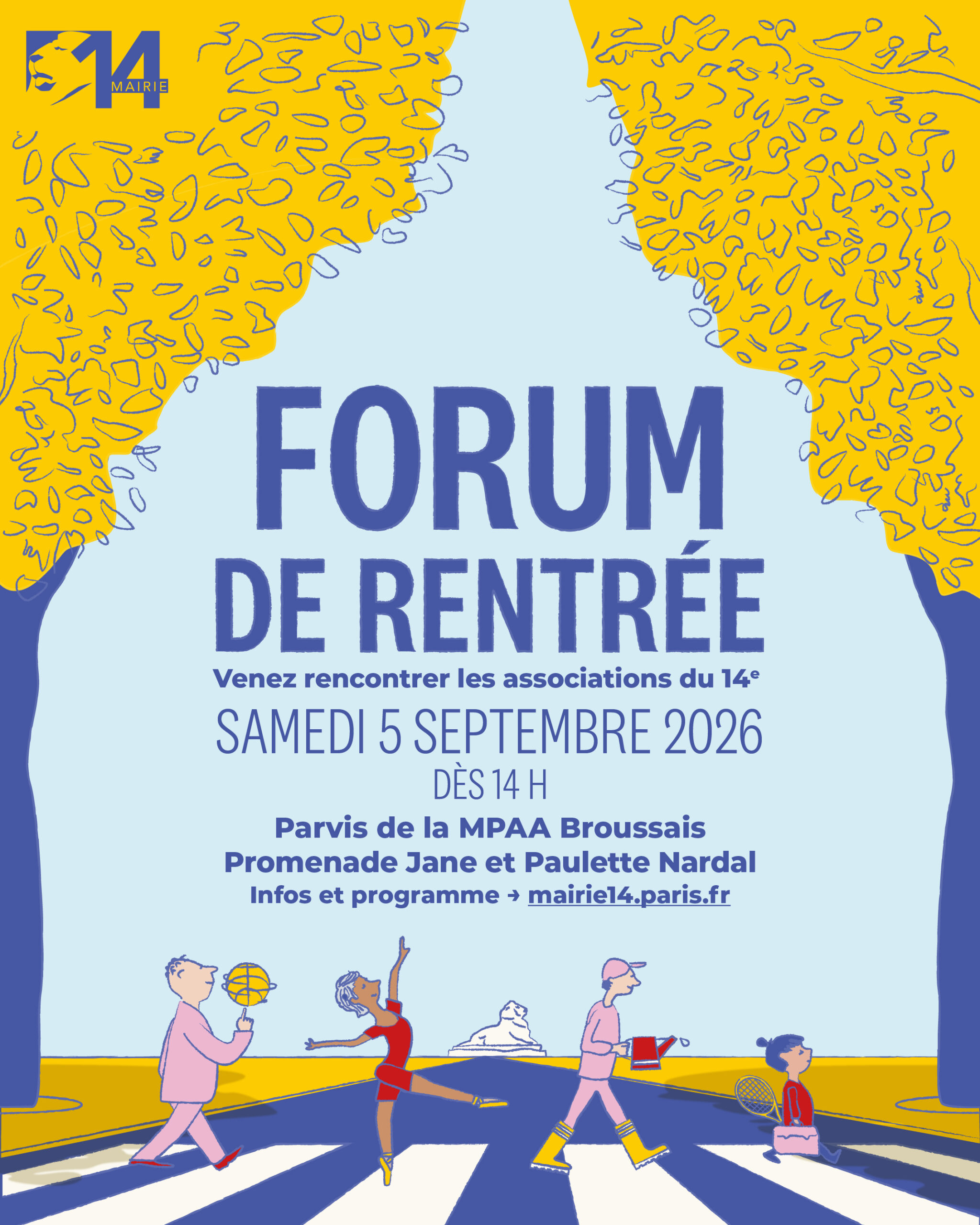 Visuel du forum dessinée avec arbres feuillage jaune, tron bleu, personnages traversant passage piéton (danseuse basketteur, petite fille avec caratable)