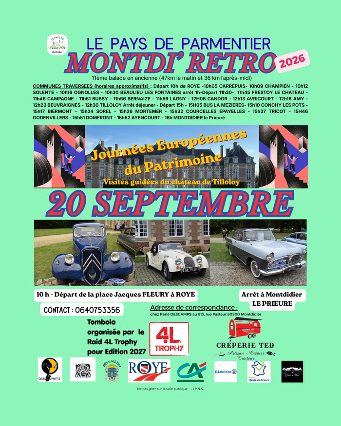 Parcours en voitures anciennes et visites du château de Tilloloy : MONTDI’RETRO 2026, Place de l’ hôtel de ville, 80700 Roye, Roye