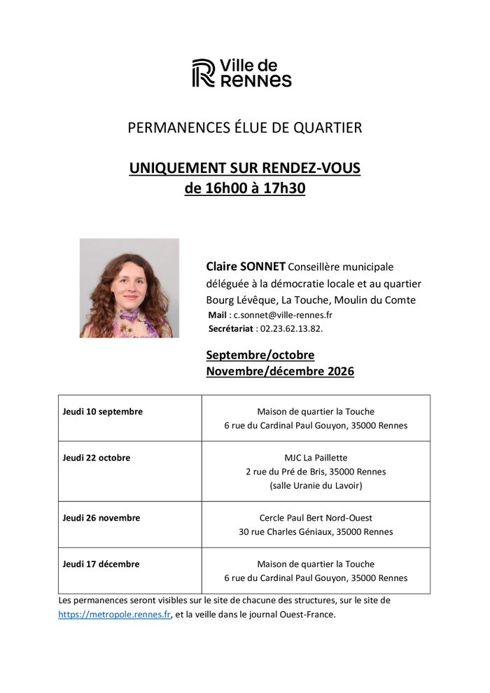 Permanences Élue de Quartier, Quartier Bourg Lévêque, La Touche, Moulin du Comte, Rennes