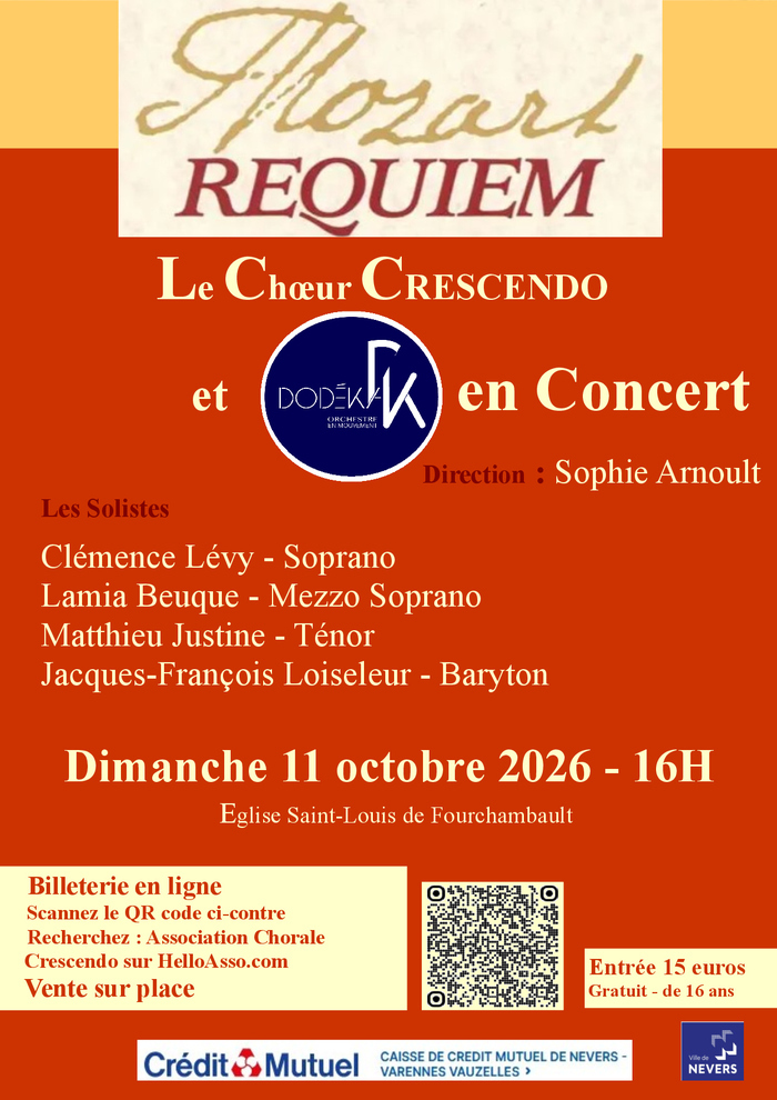 Requiem de Mozart: Le Chœur CRESCENDO et l’ensemble DODEKA en concert, Eglise Saint-Louis de Fourchambault, Fourchambault