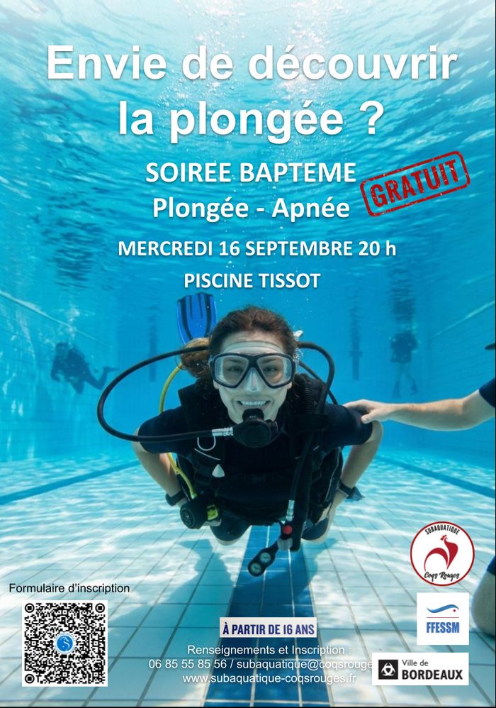 Soirée baptêmes de plongée – apnée – mercredi 16 septembre 2026, Piscine Georges Tissot Bordeaux, Bordeaux