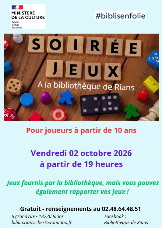 Soirée jeux à la bibli, Bibliothèque de RIANS 18220, Rians