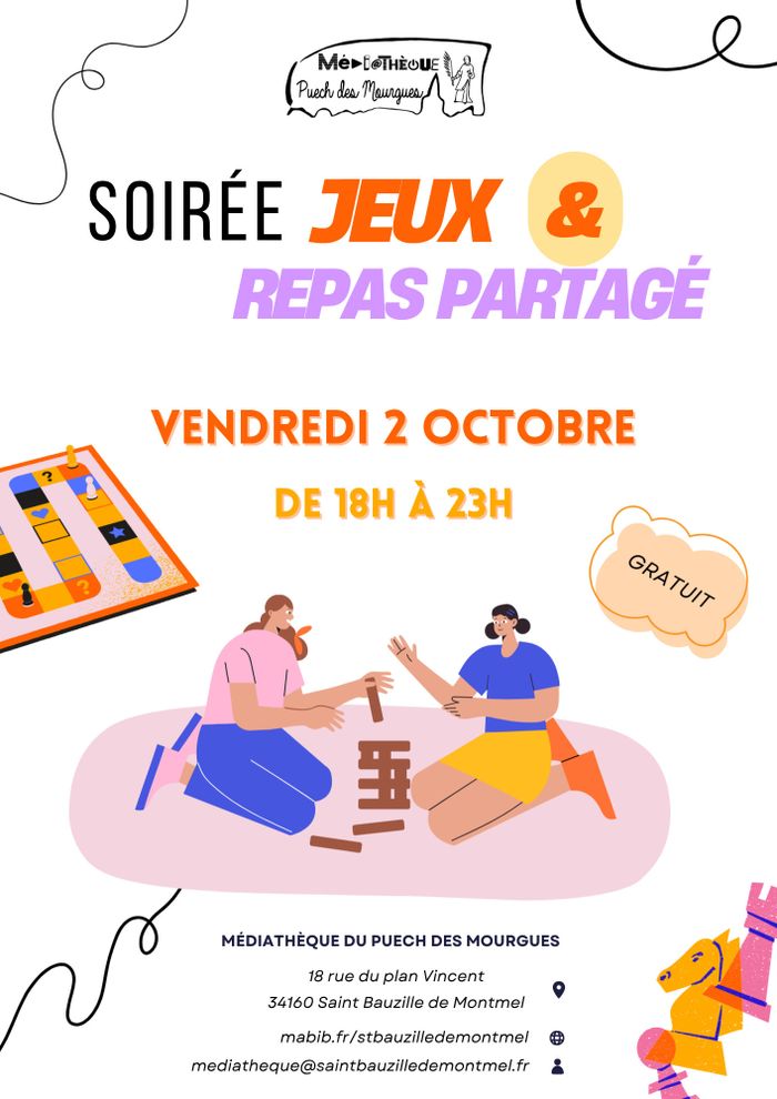Soirée Jeux & Repas partagé, Médiathèque Du Puech Des Mourgues, Saint-Bauzille-de-Montmel