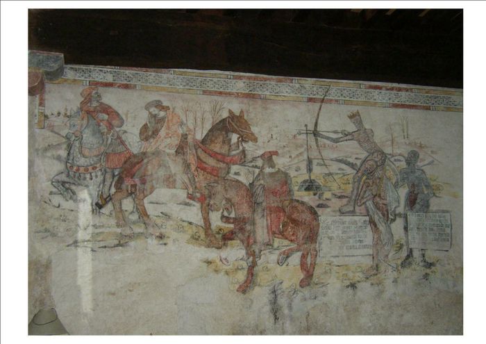 Venez contempler la peinture murale du « Dit des trois morts et des trois vifs », Cour du prieuré de Carennac, Carennac