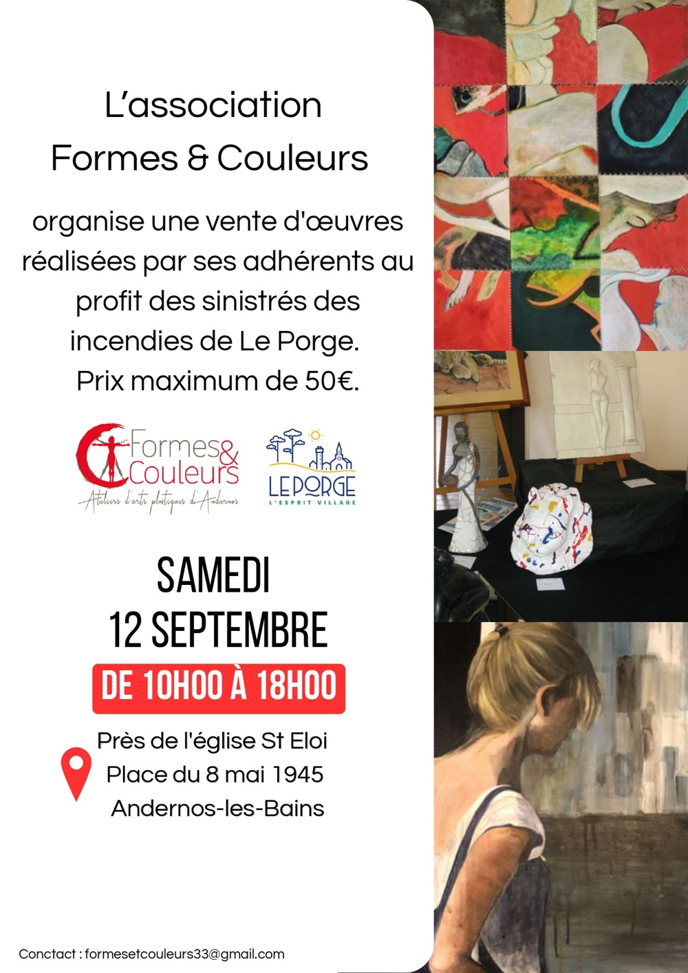 Vente d&rsquo;oeuvres au profit des sinistrés des incendies Près de l&rsquo;église Saint Eloi Andernos-les-Bains