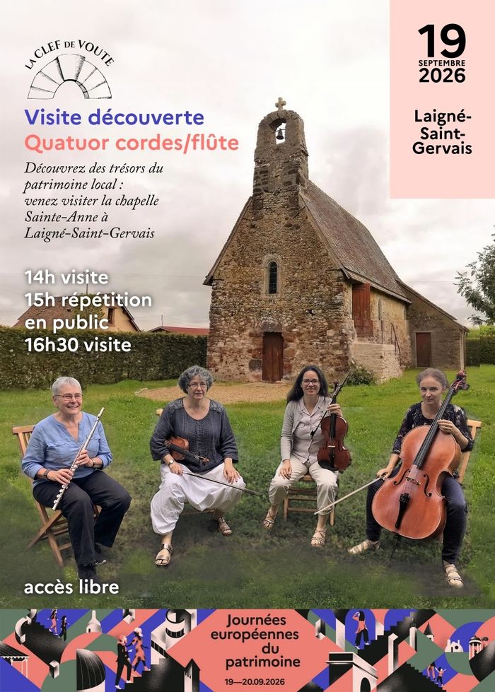 Visite guidée de la chapelle Sainte-Anne & concert quatuor cordes/flûte, Laigné-Saint-Gervais, Chapelle Sainte-Anne 72220 Laigné-saint-Gervais, Laigné-Saint-Gervais