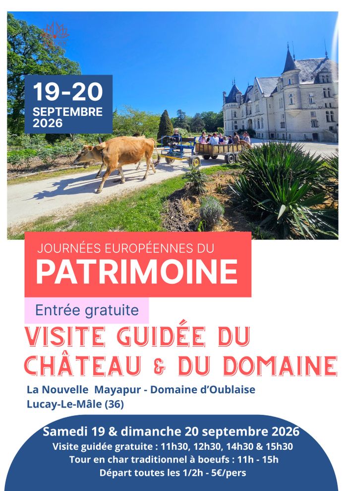 Visite guidée et tour en char à bœufs traditionnel, La Nouvelle Mayapur – Domaine d&rsquo;Oublaise, Luçay-le-Mâle